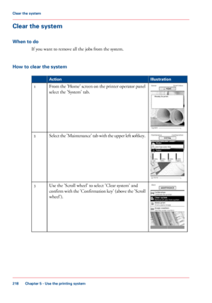 Page 218Clear the system
When to do
If you want to remove all the jobs from the system.
How 
to clear the system #
Illustration
Action From the 'Home' screen on the printer operator panel
select 
the 'System' tab.
1 Select the 'Maintenance' tab with the upper left softkey.
2 Use 
the 'Scroll wheel' to select 'Clear system' and
confirm 
with the 'Confirmation key' (above the 'Scroll
wheel'). 3
Chapter 5
 - Use the printing system218Clear the system...