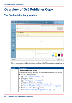 Page 232Overview of Océ Publisher Copy
The Océ Publisher Copy sections
When you access the Océ Publisher Copy workspace, the following sections are displayed.
#
Description
Section
The default settings section.
In this section you can configure the default Océ Publisher Copy settings. • Set the User preferences.
(see 
‘'User Preferences' ’ 
on page 234)
• Change
 the printer.
(see 

‘'Change printer' ’ 
on page 235)
• Change
 the default copy template.
(see 

‘Print (copy) 
template definition’...