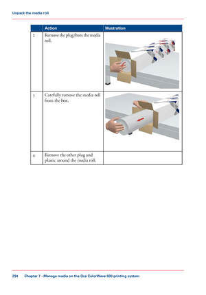 Page 294Illustration
Action Remove the plug from the media
roll.
2 Carefully remove the media roll
from the box.
3
Remove the other plug and
plastic

 around the media roll. 4
Chapter 7
 - Manage media on the Océ ColorWave 600 printing system294Unpack the media roll
Downloaded From ManualsPrinter.com Manuals 