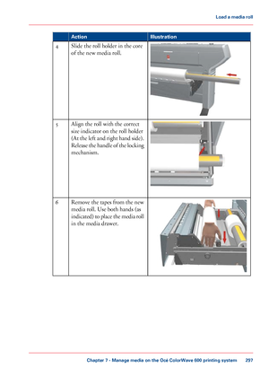 Page 297Illustration
Action Slide the roll holder in the core
of the
 new media roll.
4 Align the roll with the correct
size 
indicator on the roll holder
(At 
the left and right hand side).
Release the handle of the locking
mechanism.
5 Remove the tapes from 
the new
media roll.
 Use both hands (as
indicated) 

to place the media roll
in 
the media drawer. 6
Chapter 7
 - Manage media on the Océ ColorWave 600 printing system 297Load a
 media roll
Downloaded From ManualsPrinter.com Manuals 