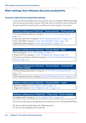 Page 314Main settings that influence the print productivity
Overview table of print productivity settings
To increase the print productivity of your system, you can change the following settings
to let the printer print faster and more efficiently. Bear in mind that when you increase
the print speed of your system, this can influence the print quality of you printer. #
Settings in settings group 'Preferences' - 'System properties' - 'Printer properties'
'Océ 
Print Assistant...