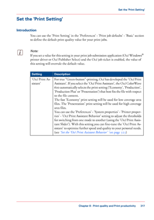 Page 317Set the 'Print Setting'
Introduction
You can use the 'Print Setting' in the 'Preferences' - 'Print job defaults' - 'Basic' section
to 
define the default print quality value for your print jobs.
Note:
If you set a value for this setting in your print job submission application (Océ Windows ®
printer driver or Océ Publisher Select) and the Océ job ticket is enabled, the value of
this setting

 will overrule 
the default value. #
Description
Setting
For true...