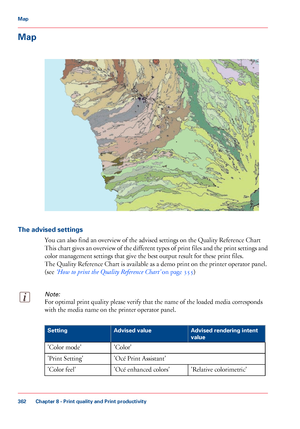 Page 362Map
The advised settings
You can also find an overview of the advised settings on the Quality Reference Chart
This 
chart gives an overview of the different types of print files and the print settings and
color management settings that give 
the best output result for these print files.
The 
Quality Reference Chart is available as a demo print on the printer operator panel.
(see 
‘How to print the Quality Reference Chart’  on page 355)
Note:
For optimal print quality please verify that the name of the...