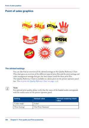 Page 364Point of sales graphics
The advised settings
You can also find an overview of the advised settings on the Quality Reference Chart
This 
chart gives an overview of the different types of print files and the print settings and
color management settings that give 
the best output result for these print files.
The 
Quality Reference Chart is available as a demo print on the printer operator panel.
(see 
‘How to print the Quality Reference Chart’  on page 355)
Note:
For optimal print quality please verify...