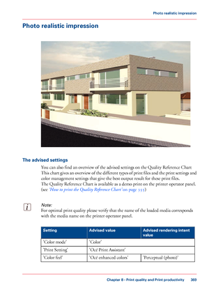 Page 369Photo realistic impression
The advised settings
You can also find an overview of the advised settings on the Quality Reference Chart
This 
chart gives an overview of the different types of print files and the print settings and
color management settings that give 
the best output result for these print files.
The 
Quality Reference Chart is available as a demo print on the printer operator panel.
(see 
‘How to print the Quality Reference Chart’  on page 355)
Note:
For optimal print quality please verify...