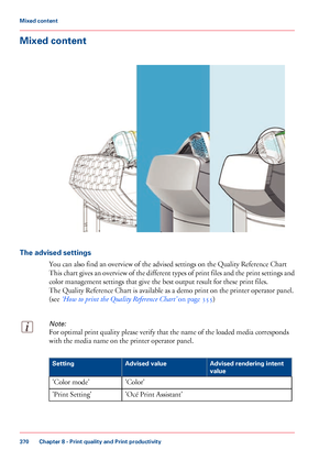 Page 370Mixed content
The advised settings
You can also find an overview of the advised settings on the Quality Reference Chart
This 
chart gives an overview of the different types of print files and the print settings and
color management settings that give 
the best output result for these print files.
The 
Quality Reference Chart is available as a demo print on the printer operator panel.
(see 
‘How to print the Quality Reference Chart’  on page 355)
Note:
For optimal print quality please verify that the name...