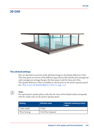 Page 3733D CAD
The advised settings
You can also 
find an overview of the advised settings on the Quality Reference Chart
This 
chart gives an overview of the different types of print files and the print settings and
color management settings that give 
the best output result for these print files.
The 
Quality Reference Chart is available as a demo print on the printer operator panel.
(see 
‘How to print the Quality Reference Chart’  on page 355)
Note:
For optimal print quality please verify that the name of...