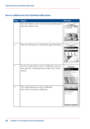 Page 382How to calibrate the Océ ColorWave 600 printer
#
Remarks
Action
Step From the 'Home' screen on the printer operator panel
select the 'System' tab.
1 Select the 'Maintenance' tab with the upper left softkey.
2 Use 
the 'Scroll wheel' to select 'Calibration' and con-
firm with
 
the 'Confirmation key' (above the 'Scroll
wheel').
3 The 
wizard assists you to do a calibration.
Press 'Next'
 to start 
the calibration. 4
Chapter 8
 - Print quality...