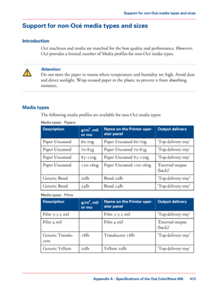 Page 413Support for non-Océ media types and sizes
Introduction
Océ machines and media are matched for the best quality and performance. However,
Océ 
provides a limited number of Media profiles for non-Océ media types.
Attention:
Do not store the paper in rooms where temperature and humidity are high. Avoid dust
and
 direct sunlight. Wrap unused 
paper in the plastic to prevent it from absorbing
moisture. Media types
The 
following media profiles are available for non-Océ media types:
Media 
types -
 Papers #...