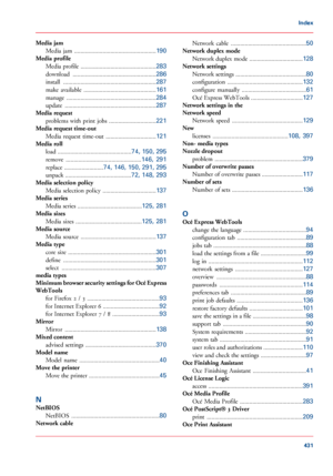 Page 431Media jam
Media  jam  ....................................................190
Media profile
Media profile  ................................................
283
download  .....................................................
286
install  ...........................................................
287
make  available  ..............................................
161
manage  .........................................................
284
update  .............................................................