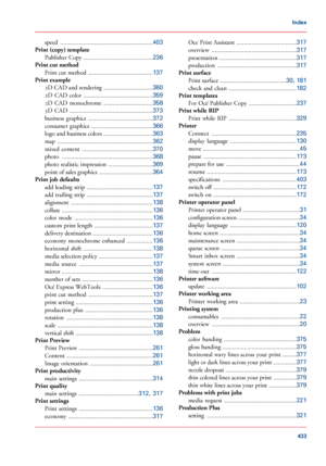 Page 433speed
 ............................................................403
Print (copy) template
Publisher Copy  .............................................
236
Print cut method
Print cut method  ..........................................
137
Print example
2D CAD and rendering  ................................
360
2D  CAD  color  .............................................
359
2D  CAD  monochrome  ................................
358
3D  CAD  ......................................................
373...