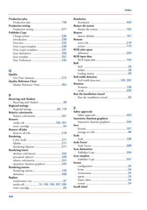 Page 434Production plus
Production plus  ............................................136
Production setting
Production  setting  ........................................
317
Publisher Copy
Change  printer  .............................................
235
introduction  .................................................
230
Overview  ......................................................
232
Print (copy) template  ....................................
236
Print  (copy)  templates...