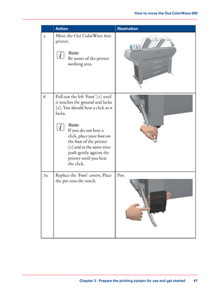 Page 47Illustration
Action Move the Océ ColorWave 600
printer.
Note:
Be aware of the printer
working area. 5
Pull 
out the left 'Foot' [1] until
it
 touches the ground and locks
[2]. 

You should hear a click as it
locks.
Note:
If you do not hear a
click, 
place your foot on
the foot of the printer
[1] 

and at the same time
push 
gently against the
printer until
 you 
hear
the click. 6
Pin:Replace 
the 'Foot' covers. Place
the
 pin into 
the notch. 7a
Chapter 3
 - Prepare the printing system...