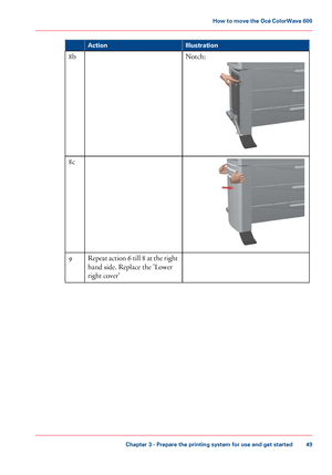 Page 49Illustration
Action
Notch:8b
8c
Repeat action 6 till 8 at the right
hand side. Replace the 'Lower
right cover' 9
Chapter 3
 - Prepare the printing system for use and get started 49How to move the Océ ColorWave 600
Downloaded From ManualsPrinter.com Manuals 