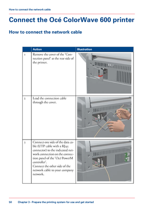 Page 50Connect the Océ ColorWave 600 printer
How to connect the network cable #
Illustration
Action Remove the cover of the 'Con-
nection 

panel' at the rear side of
the printer.
1 Lead the connection cable
through

 the cover.
2 Connect one side of the data ca-
ble 
(UTP cable with a RJ45
connector) 
to the indicated net-
work connection on the connec-
tion panel of the 'Océ PowerM controller'.
Connect

 the other side of the
network 
cable to your company
network. 3
Chapter 3
 - Prepare the...
