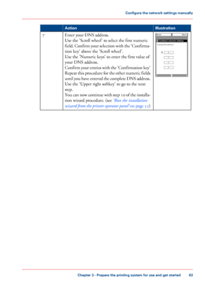 Page 63Illustration
Action Enter your DNS address.
Use 
the 'Scroll wheel' to select the first numeric
field.
 Confirm your selection with the 'Confirma-
tion 
key' above the 'Scroll wheel'.
Use
 
the 'Numeric keys' to enter the first value of
your 
DNS address.
Confirm your entries with the 'Confirmation key'
Repeat this procedure for the other numeric fields
until you have entered the complete DNS address.
Use 
the 'Upper right softkey' to go to the next
step....