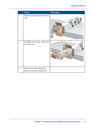 Page 73Illustration
Action Remove the plug from the media
roll.
2 Carefully remove the media roll
from the box.
3
Remove the other plug and
plastic

 around the media roll. 4
Chapter 3
 - Prepare the printing system for use and get started 73Unpack a
 media roll
Downloaded From ManualsPrinter.com Manuals 