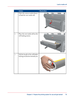 Page 75#
Illustration
Action Open the correct media drawer
to load the new media roll.
1 Place 
the new media roll on the
roll loading
 station.
2 Pull the handle of the roll holder
locking mechanism towards you.3
Chapter 3
 - Prepare the printing system for use and get started 75Load a
 media roll
Downloaded From ManualsPrinter.com Manuals 