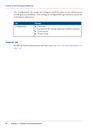 Page 90The 'Configuration' tab contains the settings to install the system in your infrastructure,
according to your standards. These settings are configured during installation and do not
need frequent adjustment.
#
Groups
Tab
•'Overview'
Summary of the settings organised in different groups.
• 'Connectivity'
• 'Printer setup'
'Configuration'
'Support' 

tab
Editable for System administrator and Power user. (see  ‘User roles and authorizations’ on
page 110 )...