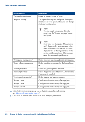 Page 124#
DescriptionSettings group
Person to contact in case of error.'Contact in case of error'
The regional settings are configured during the
installation of your system. Here you can change
the initial configuration.
Note:
You can toggle between the 'First lan-
guage' and the 'Second language' on the
user panel.
Note:
Every time you change the 'Measurement
unit', the controller recalculates the values
from millimeter to inches and vice versa.
If you reverse to the original...