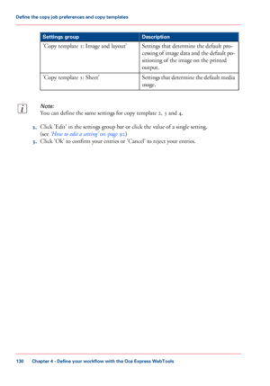 Page 130DescriptionSettings group
Settings that determine the default pro-
cessing of image data and the default po-
sitioning of the image on the printed
output.
'Copy template 1: Image and layout'
Settings that determine the default media
usage.
'Copy template 1: Sheet'
Note:
You can define the same settings for copy template 2, 3 and 4.
2.Click 'Edit' in the settings group bar or click the value of a single setting.
(see ‘How to edit a setting’ on page 92)
3.Click 'Ok' to...