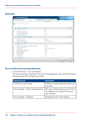 Page 134Illustration
How to define the scan job preferences
1.Click 'Preferences' - 'Scan job defaults'.
The system settings are grouped in functional settings groups. You can find detailed in-
formation about the settings in the tooltip.#
DescriptionSettings group
Default scan job settings that refer to all
scan jobs.
'General scan job settings'
The name and description you enter here
are visible on the user panel when you
select 'SCAN'.
'Scan template 1: Name and...