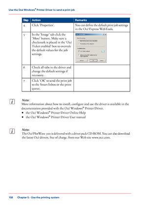 Page 158RemarksActionStep
You can define the default print job settings
in the Océ Express WebTools.
Click 'Properties'.4
In the 'Image' tab click the
'More' button. Make sure a
checkmark is placed in the 'Océ
Ticket enabled' box to overrule
the default values for the job
settings.
5
Check all tabs in the driver and
change the default settings if
necessary.
6
Click 'OK' to send the print job
to the Smart Inbox or the print
queue.
7
Note:
More information about how to...