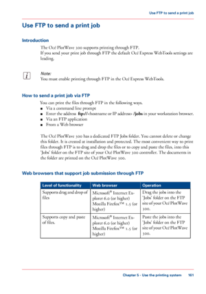 Page 161Use FTP to send a print job
Introduction
The Océ PlotWave 300 supports printing through FTP.
If you send your print job through FTP the default Océ Express WebTools settings are
leading.
Note:
You must enable printing through FTP in the Océ Express WebTools.
How to send a print job via FTP
You can print the files through FTP in the following ways.
■Via a command line prompt
■Enter the address  ftp:// /jobs in your workstation browser.
■Via an FTP application
■From a Web browser
The Océ PlotWave 300 has a...