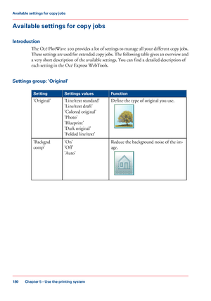 Page 180Available settings for copy jobs
Introduction
The Océ PlotWave 300 provides a lot of settings to manage all your different copy jobs.
These settings are used for extended copy jobs. The following table gives an overview and
a very short description of the available settings. You can find a detailed description of
each setting in the Océ Express WebTools.
Settings group: 'Original'
#
FunctionSettings valuesSetting
Define the type of original you use.'Line/text standard'
'Line/text...