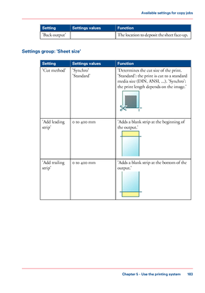 Page 183FunctionSettings valuesSetting
The location to deposit the sheet face-up.'Back output'
Settings group: 'Sheet size'
#
FunctionSettings valuesSetting
'Determines the cut size of the print.
'Standard': the print is cut to a standard
media size (DIN, ANSI, ...). 'Synchro':
the print length depends on the image.'
'Synchro'
'Standard'
'Cut method'
'Adds a blank strip at the beginning of
the output.'
0 to 400 mm'Add leading
strip'...