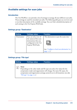 Page 219Available settings for scan jobs
Introduction
The Océ PlotWave 300 provides a lot of settings to manage all your different scan jobs.
These settings are used for extended scan jobs. The following table gives an overview and
a very short description of the available settings. You can find a detailed description of
each setting in the Océ Express WebTools.
Settings group: 'Destination'
#
FunctionSettings valuesSetting
'The destination to put the scans into.'
(see ‘Configure a local scan...