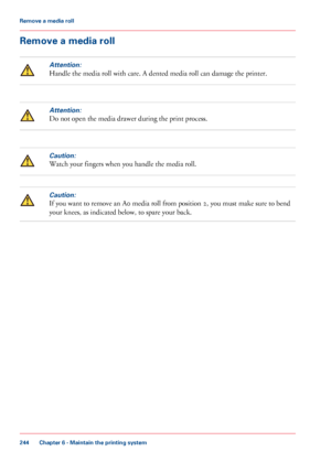 Page 244Remove a media roll
Attention:
Handle the media roll with care. A dented media roll can damage the printer.
Attention:
Do not open the media drawer during the print process.
Caution:
Watch your fingers when you handle the media roll.
Caution:
If you want to remove an A0 media roll from position 2, you must make sure to bend
your knees, as indicated below, to spare your back.
Chapter 6 - Maintain the printing system
244
Remove a media roll
Downloaded From ManualsPrinter.com Manuals 