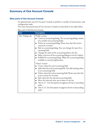 Page 301Summary of Océ Account Console
Main parts of Océ Account Console
An administrator uses Océ Account Console to perform a number of maintenance and
configuration tasks.
The main functional areas of Océ Account Console are described in the table below.
Main parts of Océ Account Console#
DescriptionPart
'Fields' section.
■Create an accounting dialog. The accounting dialog consists
of a number of accounting fields.
■Delete an accounting dialog. Please note that this action
cannot be reversed.
■Edit an...