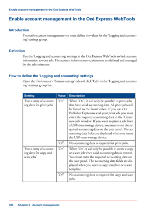 Page 304Enable account management in the Océ Express WebTools
Introduction
To enable account management you must define the values for the 'Logging and account-
ing' settings group.
Definition
Use the 'Logging and accounting' settings in the Océ Express WebTools to link account
information to your job. The account information requirements are defined and managed
by the administrator.
How to define the 'Logging and accounting' settings
Open the 'Preferences' - 'System...