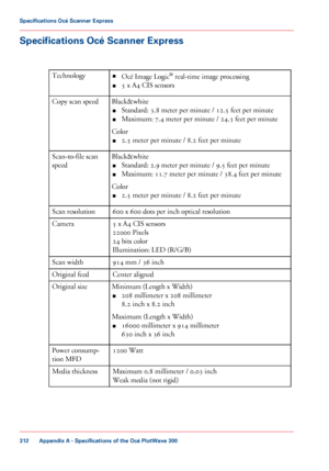 Page 312Specifications Océ Scanner Express
#
■Océ Image Logic® real-time image processing
■5 x A4 CIS sensors
Technology
Black&white
■Standard: 3.8 meter per minute / 12.5 feet per minute
■Maximum: 7.4 meter per minute / 24.3 feet per minute
Color
■2.5 meter per minute / 8.2 feet per minute
Copy scan speed
Black&white
■Standard: 2.9 meter per minute / 9.5 feet per minute
■Maximum: 11.7 meter per minute / 38.4 feet per minute
Color
■2.5 meter per minute / 8.2 feet per minute
Scan-to-file scan
speed
600 x 600 dots...