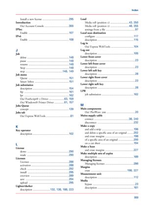 Page 333Install a new license ......................................295
Introduction
Océ Account Console ...................................300
IPSec
Enable ..........................................................107
IPv6
Enable ..........................................................108
J
Job
delete ............................................................148
pause ............................................................148
resume ..........................................................148
Stop...