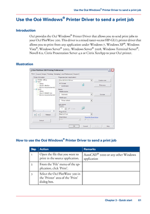 Page 61Use the Océ Windows® Printer Driver to send a print job
Introduction
Océ provides the Océ Windows® Printer Driver that allows you to send print jobs to
your Océ PlotWave 300. This driver is a mixed raster-vector HP-GL/2 printer driver that
allows you to print from any application under Windows 7, Windows XP®, Windows
Vista®, Windows Server® 2003, Windows Server® 2008, Windows Terminal Server®,
Novell 6.x, Citrix Presentation Server 4.x or Citrix XenApp to your Océ printer.
Illustration
How to use the Océ...