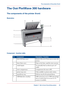 Page 23The Océ PlotWave 300 hardware
The components of the printer (front)
Illustration
Component - function table
#
Description / FunctionComponentNr
Remove this cover if you want to move the
printer.
lower left front cover1
Door at the front, used for error recovery.lower front cover2
To manually feed cut-sheets up to 36"
width.
media bypass3
Compartment for toner refill.toner compartment4
Only available in printer-only version.printer top cover5
Delivery tray for the printed sheets.top delivery tray6
USB...