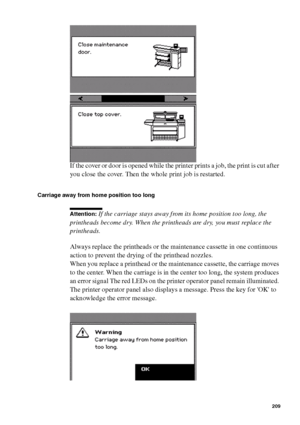 Page 209Error handling209
If the cover or door is opened while the printer prints a job, the print is cut after 
you close the cover. Then the whole print job is restarted.
Carriage away from home position too long
Attention: If the carriage stays away from its home position too long, the 
printheads become dry. When the printheads are dry, you must replace the 
printheads.
Always replace the printheads or the maintenance cassette in one continuous 
action to prevent the drying of the printhead nozzles.
When you...