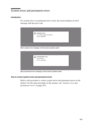 Page 213Error handling213
System errors and permanent errors
Introduction
If a system error or a permanent error occurs, the screen displays an error 
message with the error code.
[65 ] A s ys tem e rror mes s age on  the s can ner operator pan el
[65] A system error message on the scanner operator panel
[66 ] A pe rma nent e rror mes sa ge on t he s cann er  operator pan el
[66] A permanent error message on the scanner operator panel
How to correct system errors and permanent errors
Refer to the procedure to...