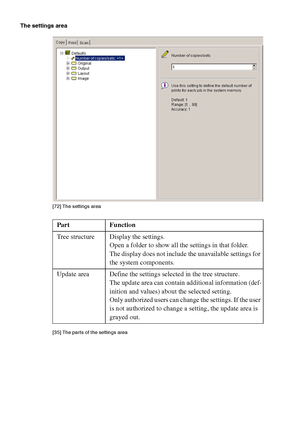 Page 226226 Océ TCS400 User manual
The settings area
[72 ] The s ettin gs a rea
[72] The settings area
[35 ] The par ts of  the s etti ngs a re a
[35] The parts of the settings area
Part Function
Tree structure Display the settings.
Open a folder to show all the settings in that folder.
The display does not include the unavailable settings for 
the system components.
Update area Define the settings selected in the tree structure.
The update area can contain additional information (def-
inition and values) about...