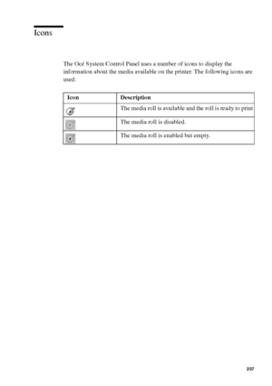 Page 237Océ Power Logic® controller: Océ System Control Panel 237
Icons
The Océ System Control Panel uses a number of icons to display the 
information about the media available on the printer. The following icons are 
used:
Icon Description
The media roll is available and the roll is ready to print
The media roll is disabled.
The media roll is enabled but empty.
Downloaded From ManualsPrinter.com Manuals 