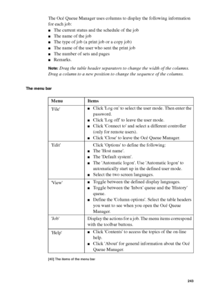 Page 243Océ Power Logic® controller: Océ Queue Manager 243
The Océ Queue Manager uses columns to display the following information 
for each job:
■The current status and the schedule of the job
■The name of the job
■The type of job (a print job or a copy job)
■The name of the user who sent the print job
■The number of sets and pages
■Remarks.
Note:Drag the table header separators to change the width of the columns. 
Drag a column to a new position to change the sequence of the columns.
The menu bar
[40 ] Th e...