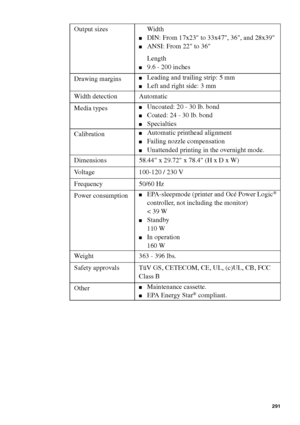 Page 291System specifications 291
Output sizes Width
■DIN: From 17x23 to 33x47, 36, and 28x39
■ANSI: From 22 to 36
Length
■9.6 - 200 inches
Drawing margins
■Leading and trailing strip: 5 mm
■Left and right side: 3 mm
Width detection Automatic
Media types
■Uncoated: 20 - 30 lb. bond
■Coated: 24 - 30 lb. bond
■Specialties
Calibration
■Automatic printhead alignment
■Failing nozzle compensation
■Unattended printing in the overnight mode.
Dimensions  58.44 x 29.72 x 78.4 (H x D x W)
Voltage 100-120 / 230 V
Frequency...