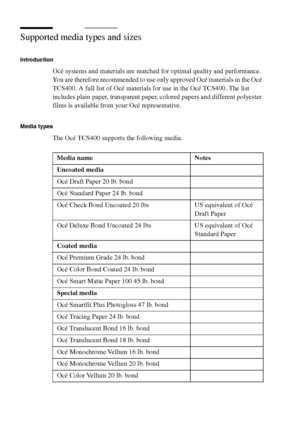 Page 294294 Océ TCS400 User manual
Supported media types and sizes
Introduction
Océ systems and materials are matched for optimal quality and performance. 
You are therefore recommended to use only approved Océ materials in the Océ 
TCS400. A full list of Océ materials for use in the Océ TCS400. The list 
includes plain paper, transparent paper, colored papers and different polyester 
films is available from your Océ representative.
Media types
The Océ TCS400 supports the following media. 
Media name Notes...