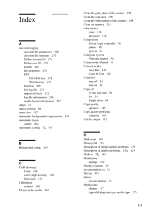 Page 317Index317
Index
A
Account logging
Account file parameters
 278
Account file structure
 276
Define account ID
 270
Define user ID
 270
Enable
 269
file properties
 270
FTP
MS-DOS box
 274
Web browser
 273
function
 268
Get log file
 271
import in Excel
 272
log file information
 276
media format information
 287
Align
 74
Area selection
 68
Auto view
 107
Automatic background compensation
 145
Automatic logon
enable
 262
Automatic scaling
 72, 94
B
Background comp. 145
C
CAD drawings
Color
 128
color (high...