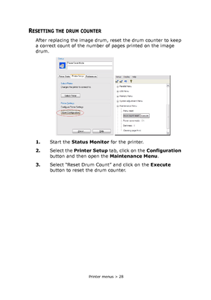 Page 28 Printer menus > 28
RESETTING THE DRUM COUNTER
After replacing the image drum, reset the drum counter to keep 
a correct count of the number of pages printed on the image 
drum.
1.Start the Status Monitor for the printer.
2.Select the Printer Setup tab, click on the Configuration 
button and then open the Maintenance Menu. 
3.Select “Reset Drum Count” and click on the Execute 
button to reset the drum counter.
Downloaded From ManualsPrinter.com Manuals 