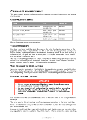 Page 61
Consumables and maintenance > 61
CONSUMABLES AND MAINTENANCE
This section deals with the replacement of the toner cartridge and image drum and general 
maintenance.
CONSUMABLE ORDER DETAILS
Please always use genuine consumables. 
TONER CARTRIDGE LIFE
How long your toner cartridge lasts depends on  the print density; the percentage of the 
page that prints black. A typical letter has 3% to 5% print density; graphics usually have 
higher density. Higher print density means toner is used up faster. At 5%...