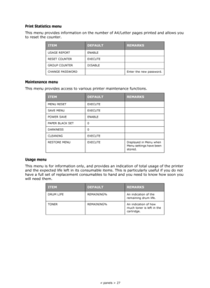 Page 27
Operator panels > 27
Print Statistics menu
This menu provides information on the number of A4/Letter pages printed and allows you 
to reset the counter. 
Maintenance menu
This menu provides access to va rious printer maintenance functions.
Usage menu
This menu is for information only, and provides  an indication of total usage of the printer 
and the expected life left in its consumable item s. This is particularly useful if you do not 
have a full set of replacement consumables to hand and you need to...