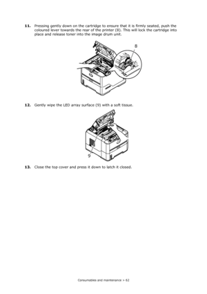 Page 62
Consumables and maintenance > 62
11.Pressing gently down on the cartridge to en sure that it is firmly seated, push the 
coloured lever towards the rear of the printe r (8). This will lock the cartridge into 
place and release toner into the image drum unit.
12. Gently wipe the LED array surface (9) with a soft tissue.
13. Close the top cover and press it down to latch it closed.
8
9
Downloaded From ManualsPrinter.com Manuals 